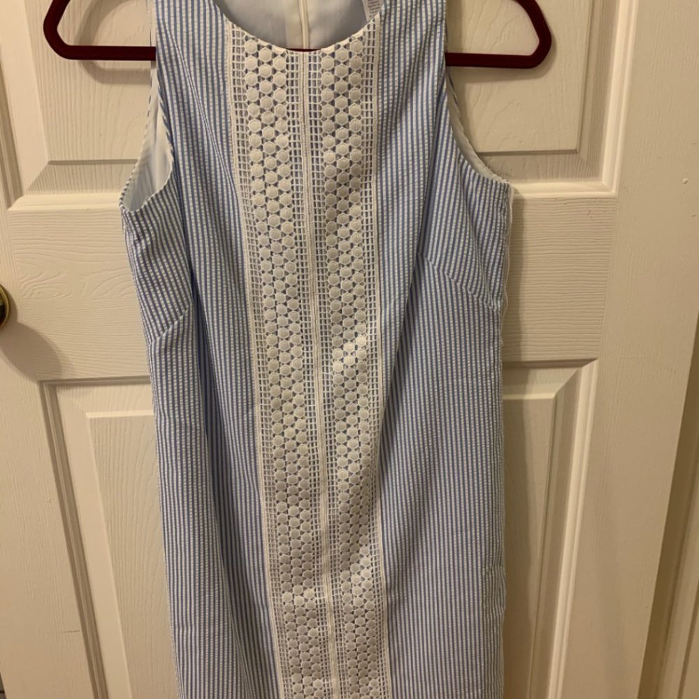 London Times Sleeveless Blue & White Stripe Dress